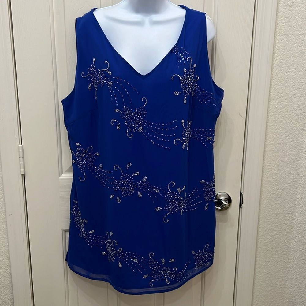 Alfred Angelo Formal Top Size 18W Cobalt Blue V Neck Short Sleeve Sequins Beaded